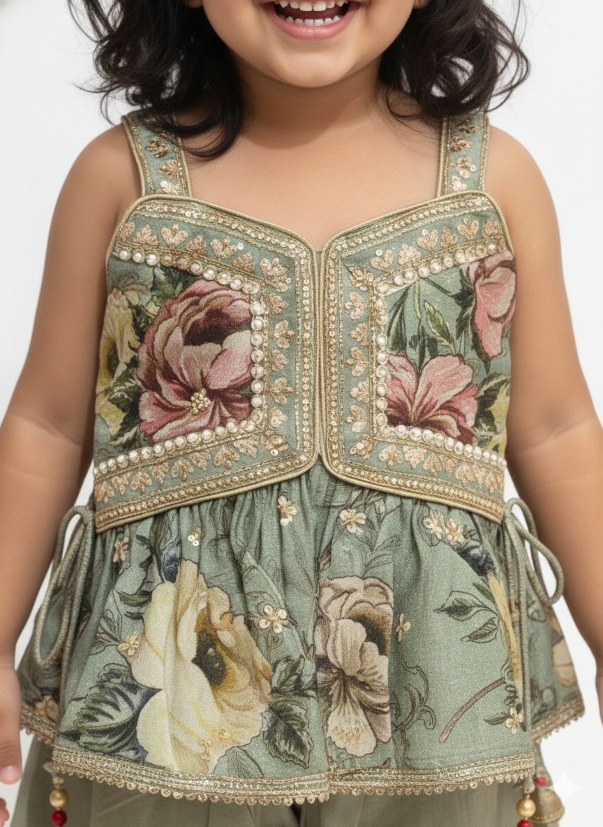 Sage Green Botanical Print Ethnic Ensemble with Decorative Tassels