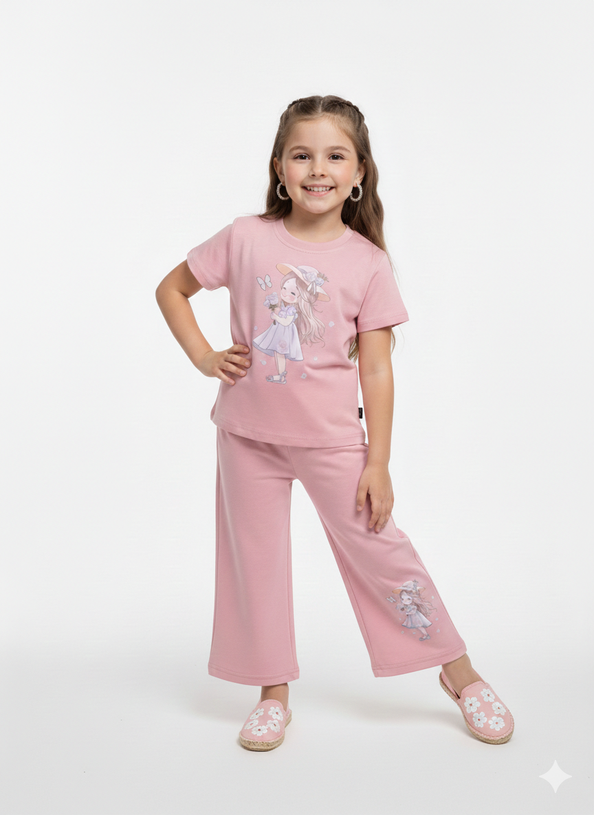 Girls' Festive Character Print Cotton Peplum Top and Matching Trousers Cord Set