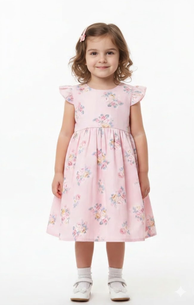 Girls' Vintage-Inspired Floral Print Cotton Dress with Flutter Sleeves-Pink