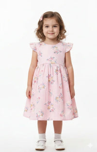 Girls' Vintage-Inspired Floral Print Cotton Dress with Flutter Sleeves-Pink