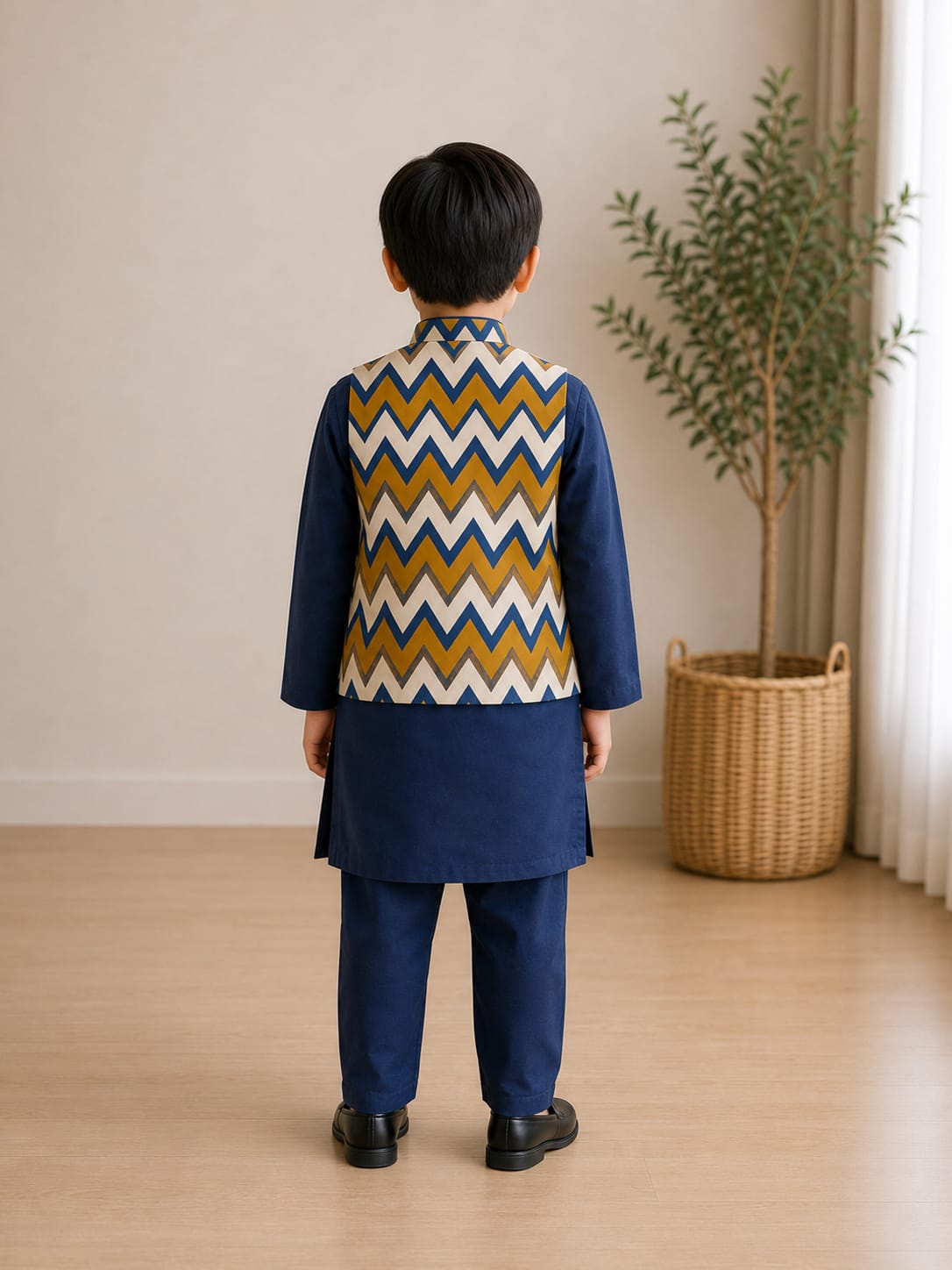 Mid Night Navy Long Kurta with Zig Zag Print Nehru Jacket - 3 pc Set