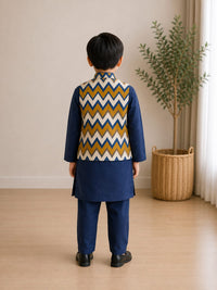 Mid Night Navy Long Kurta with Zig Zag Print Nehru Jacket - 3 pc Set
