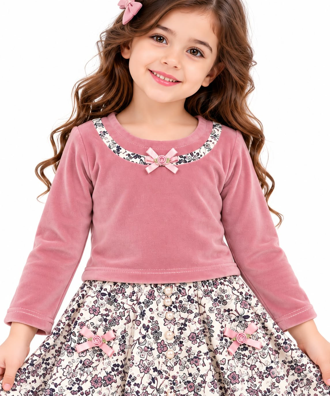 Girls' Dusty Pink Velvet & Floral Print Two-Piece Dress Set
