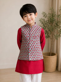 Red Long Kurta with Floral Nehru Jacket