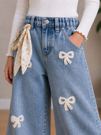 Bow Adorned Wide-Leg Jeans