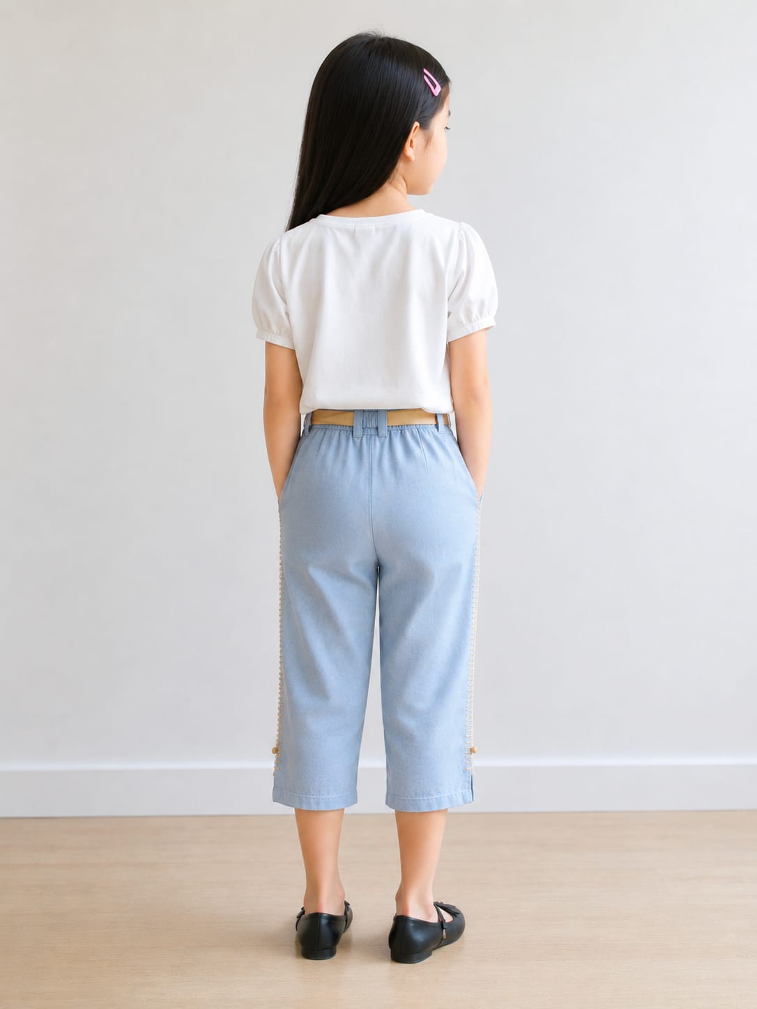Blue Culottes/Capri with Gold Satin Ribbon