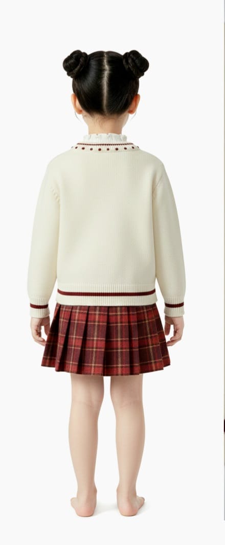 2 pc Off-white Top with Red Check Skirt