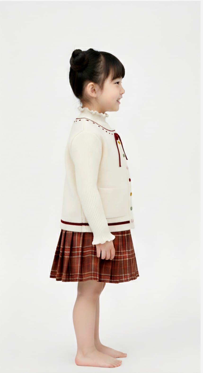 2 pc Off-white Top with Red Check Skirt