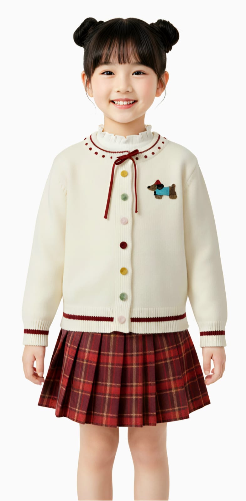 2 pc Off-white Top with Red Check Skirt