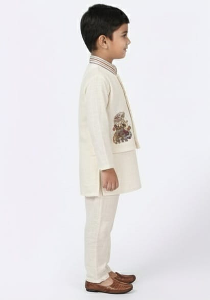 3-Piece Off-White Kurta Set with Motif on Jacket
