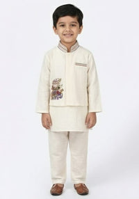 3-Piece Off-White Kurta Set with Motif on Jacket