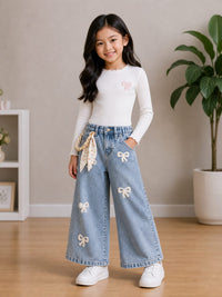 Bow Adorned Wide-Leg Jeans