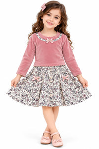 Girls' Dusty Pink Velvet & Floral Print Two-Piece Dress Set
