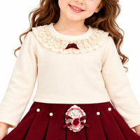 Girls' Cream Lace-Collar Top & Maroon Pleated Skirt Set