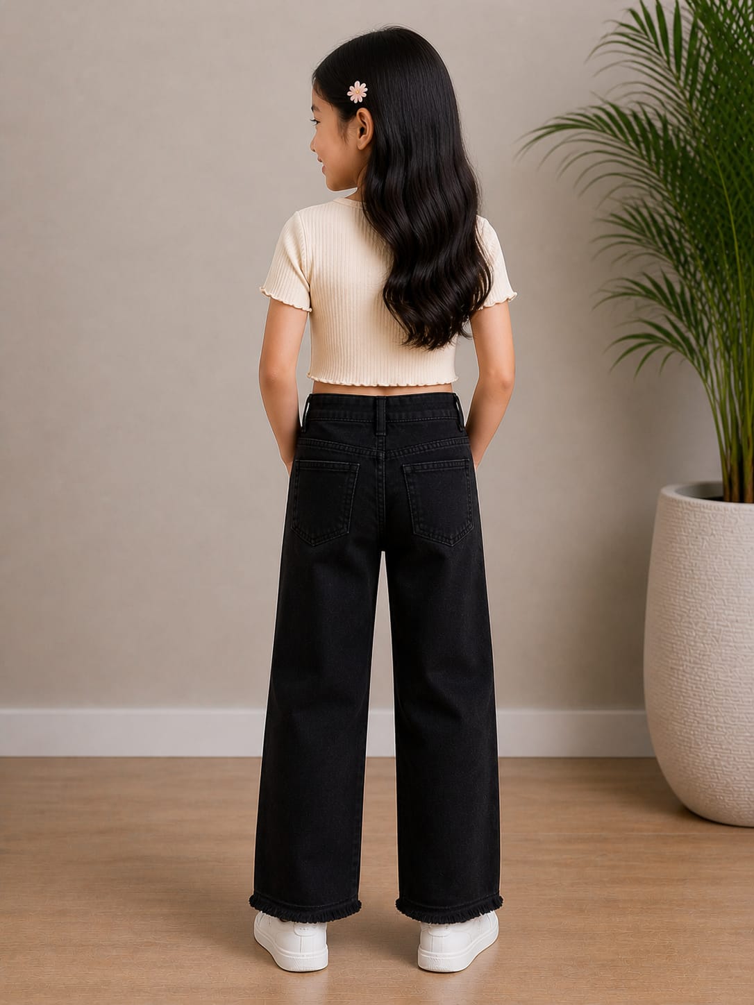 Black wide-leg cut Jeans with Rhinestone Gradient on sides