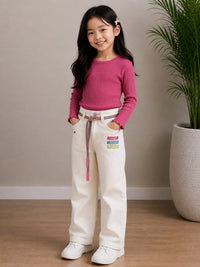 Off-white wide-leg cut Jeans with multi-colored striped cord belt