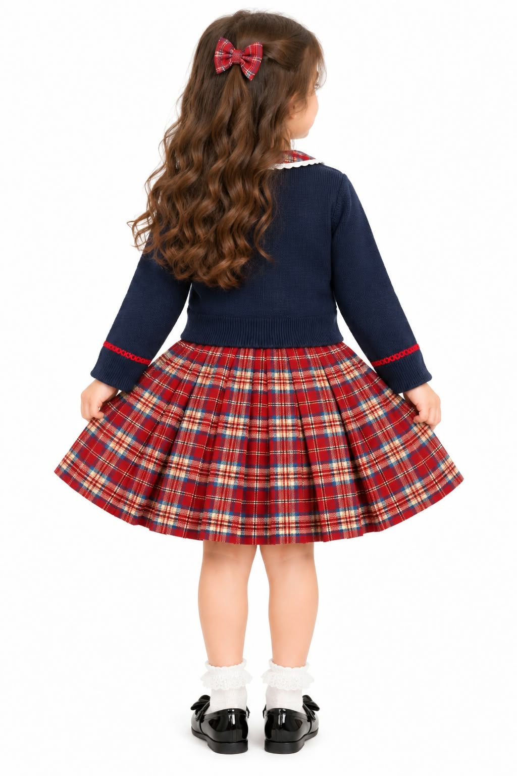 Girls' Navy Blue Knit Cardigan & Red Plaid Pleated Skirt Set.