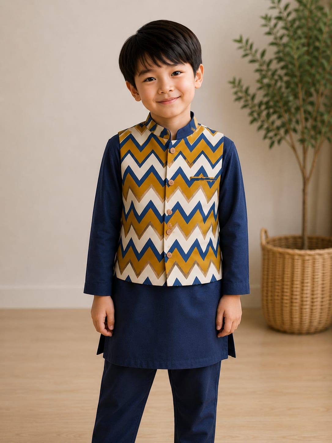 Mid Night Navy Long Kurta with Zig Zag Print Nehru Jacket - 3 pc Set