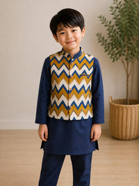 Mid Night Navy Long Kurta with Zig Zag Print Nehru Jacket - 3 pc Set