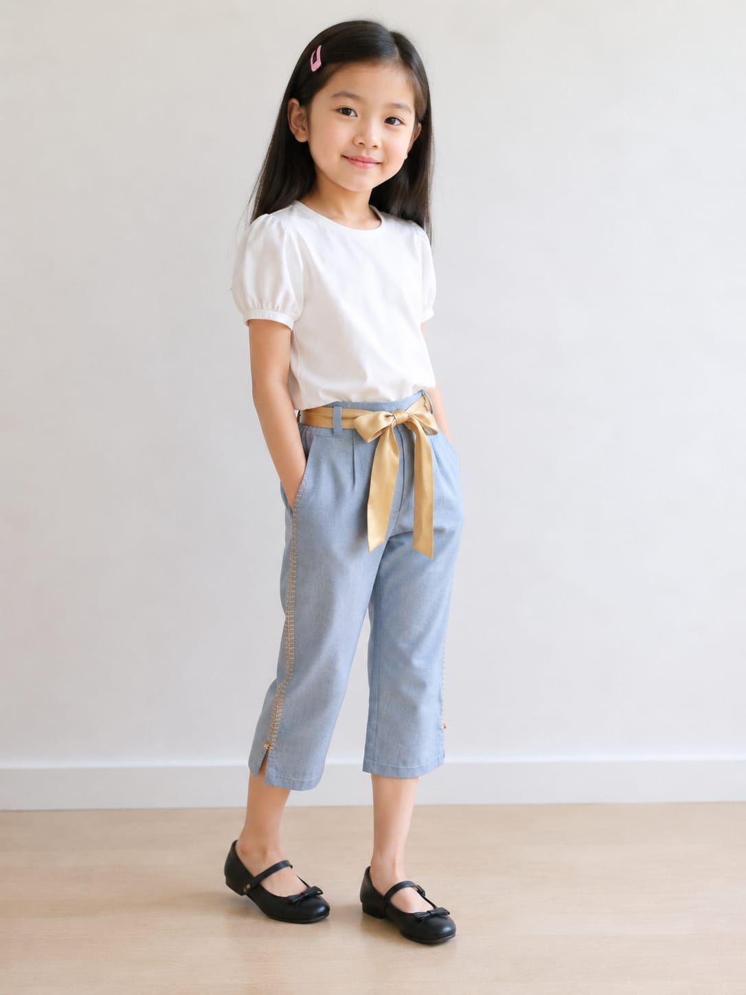 Blue Culottes/Capri with Gold Satin Ribbon