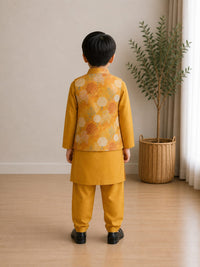 Mustard Tone Long Kurta with Landscape Print Nehru Jacket - 3 pc Set