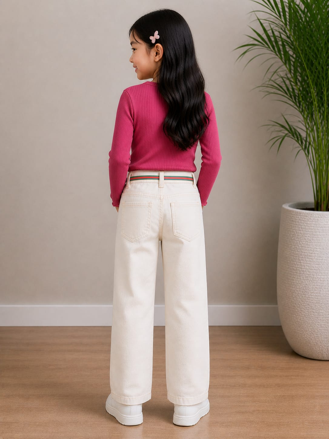 Off-white wide-leg cut Jeans with multi-colored striped cord belt