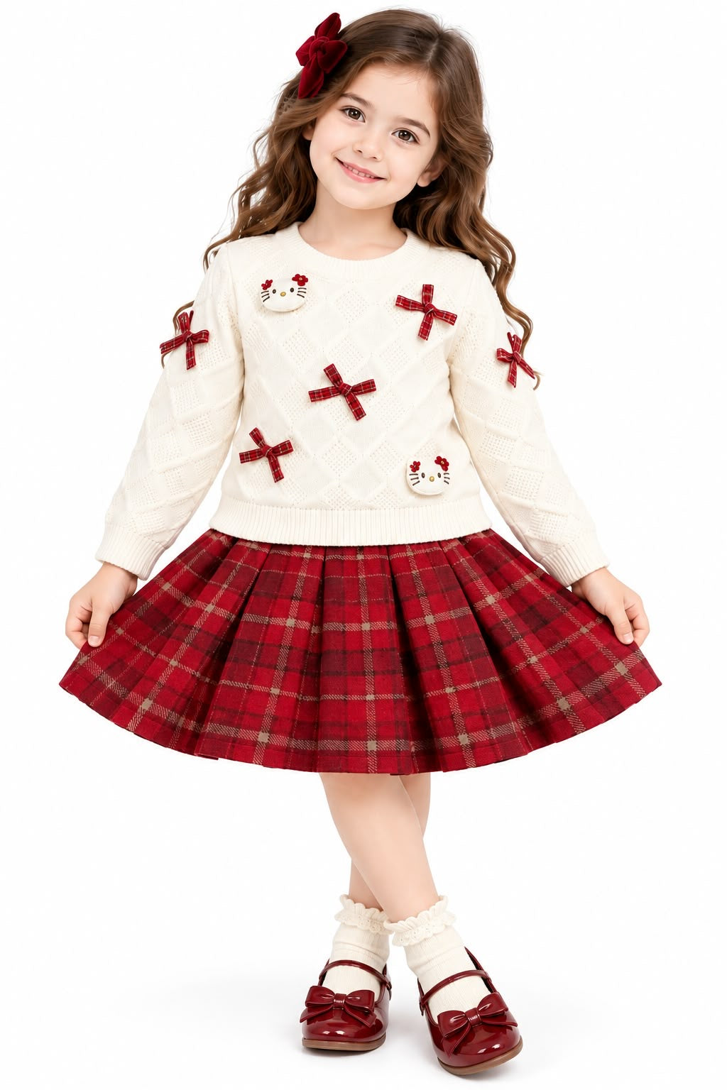 Girls' Festive Cream Cable-Knit Sweater & Red Plaid Pleated Skirt Set