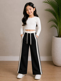 Black wide-leg cut Pants with Scalloped Lace Trim on sides