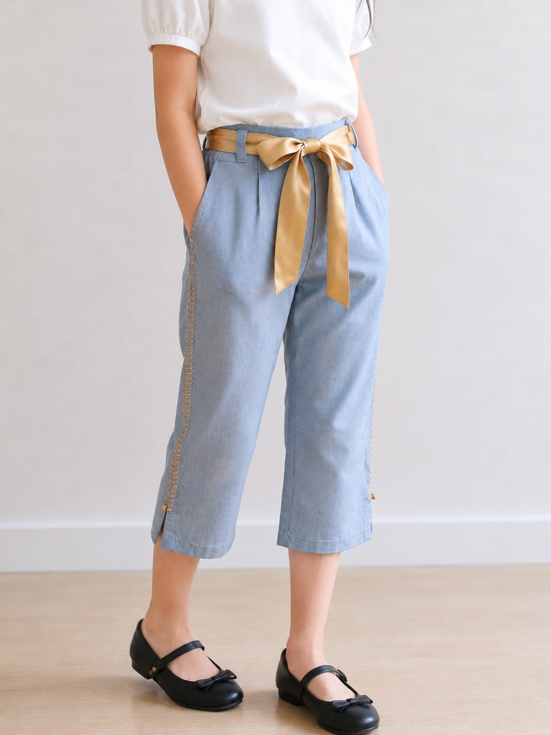 Blue Culottes/Capri with Gold Satin Ribbon