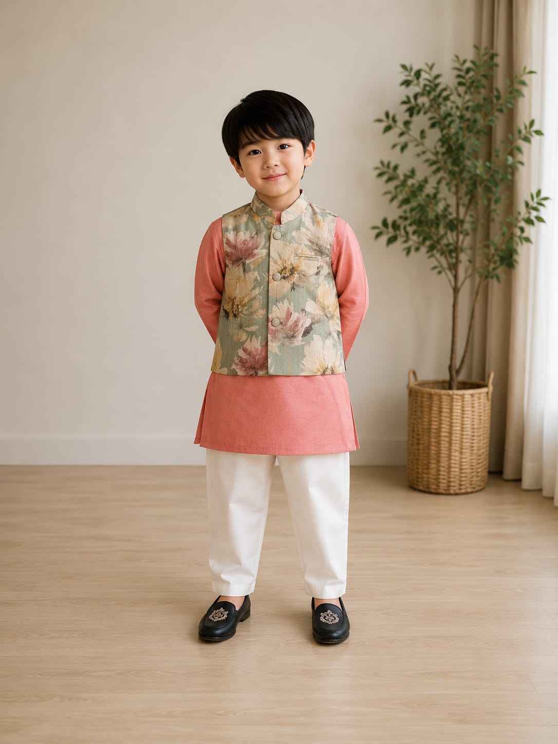 Dusty Rose Long Kurta with Silk Floral Print Nehru Jacket - 3 pc Set