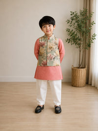 Dusty Rose Long Kurta with Silk Floral Print Nehru Jacket - 3 pc Set