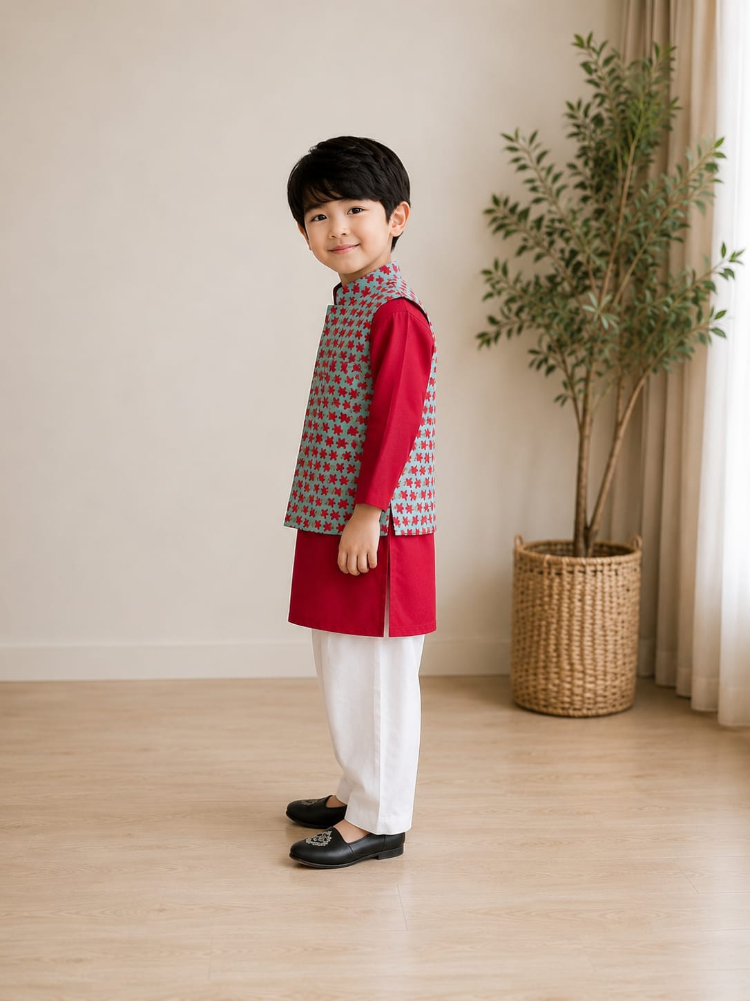 Red Long Kurta with Floral Nehru Jacket