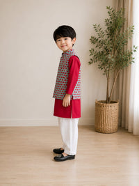 Red Long Kurta with Floral Nehru Jacket