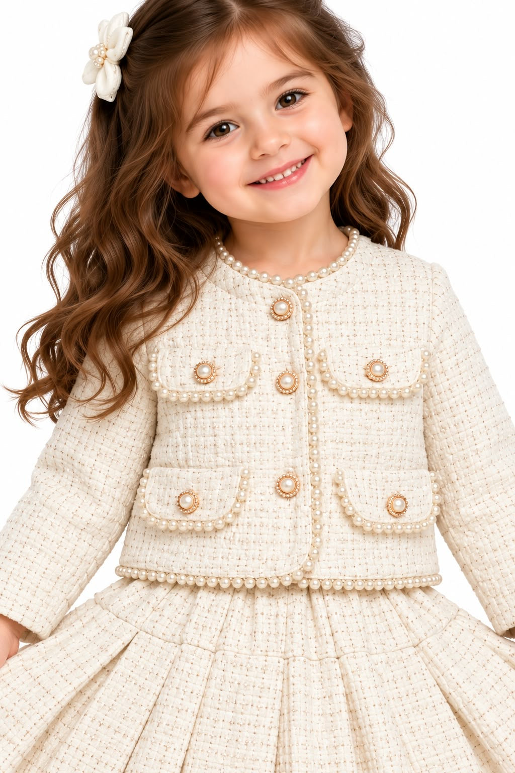 Girls' Pearl-Trimmed Off-White Tweed Jacket & Pleated Skirt Set