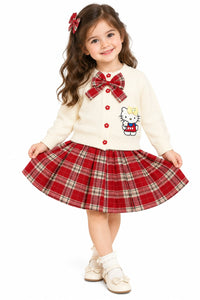 Girls' Festive Cream Knit Cardigan & Red Plaid Pleated Skirt Set