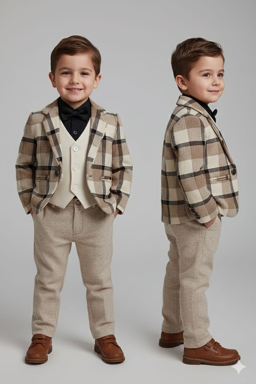 Beige & Brown Bold Plaid Pattern 4 Piece Set