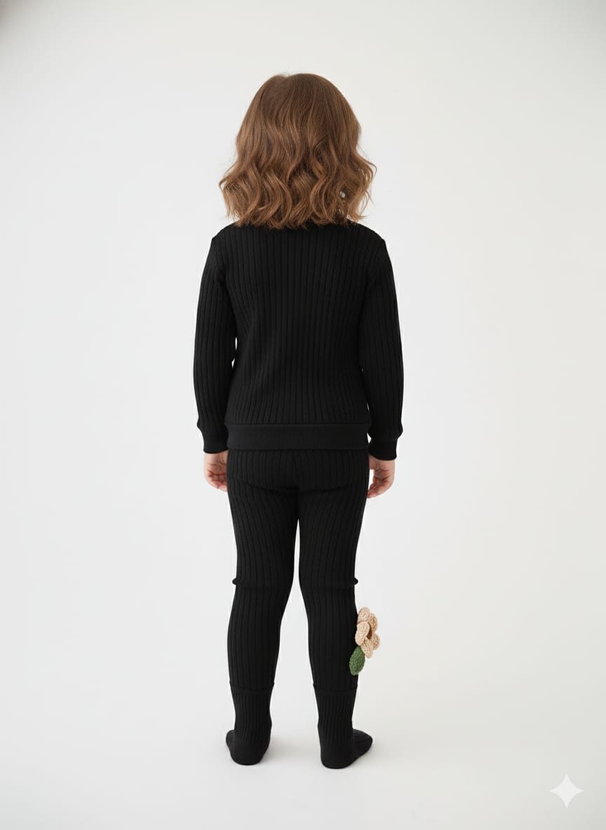 Black Leggings with Floral Applique (Fleece)