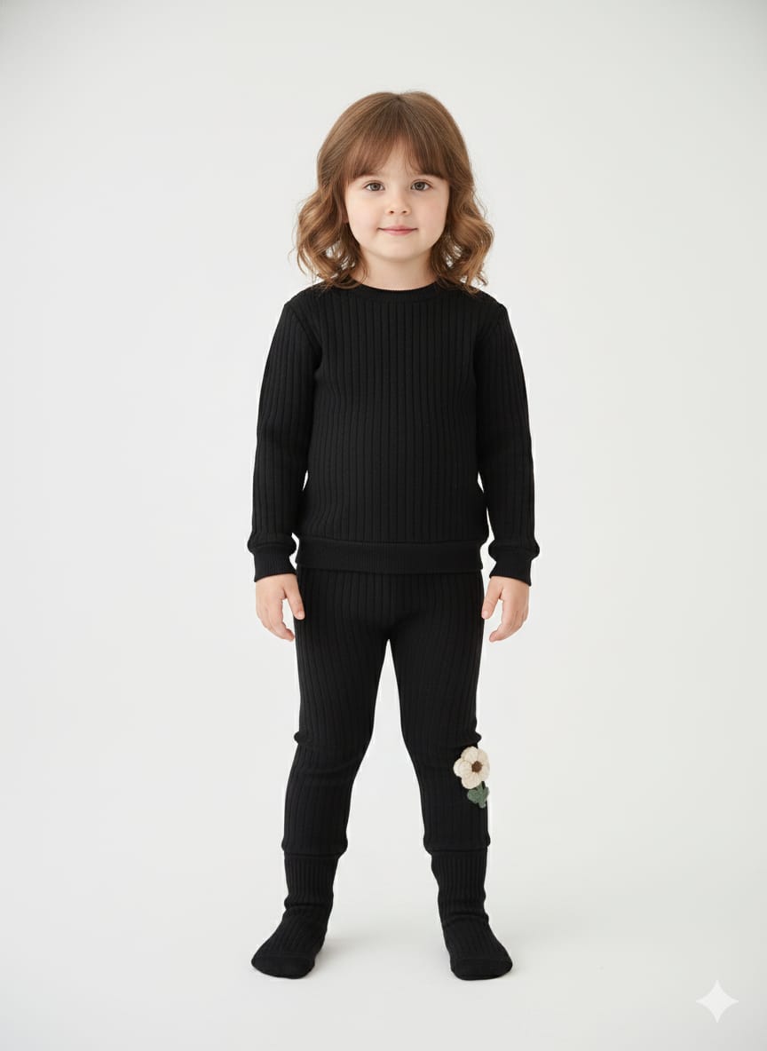 Black Leggings with Floral Applique (Fleece)