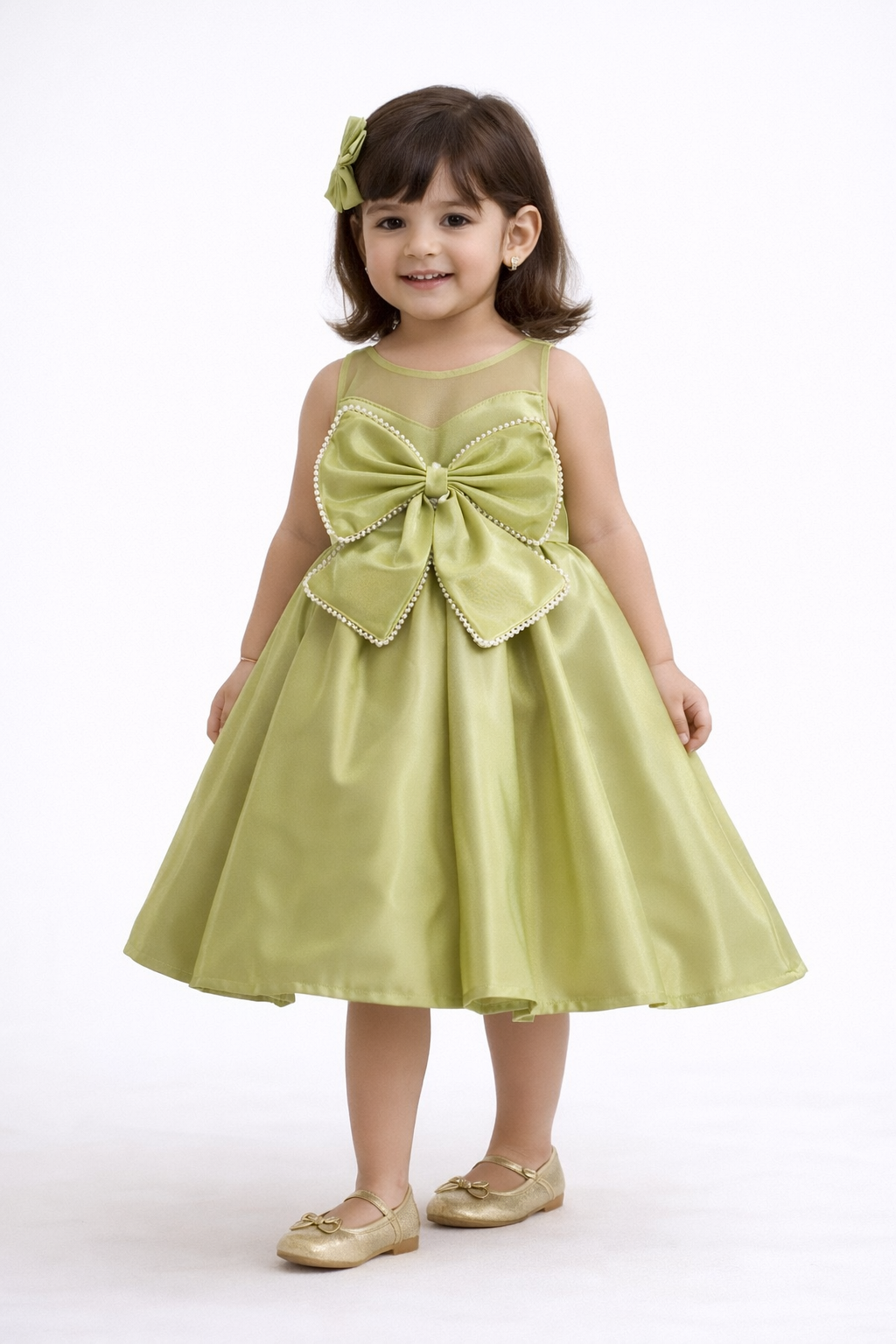 Girls’ Enchanted Olive Satin Party Dress – Pearl Embellished Bow Frock