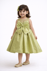 Girls’ Enchanted Olive Satin Party Dress – Pearl Embellished Bow Frock