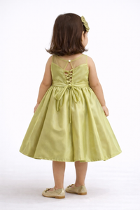 Girls’ Enchanted Olive Satin Party Dress – Pearl Embellished Bow Frock