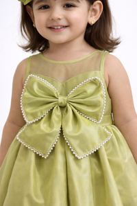 Girls’ Enchanted Olive Satin Party Dress – Pearl Embellished Bow Frock