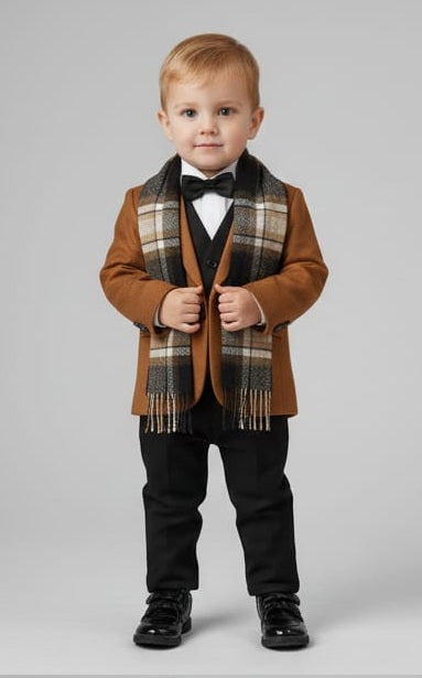 Classic Camel & Black Winter Formal Suit with Muffler