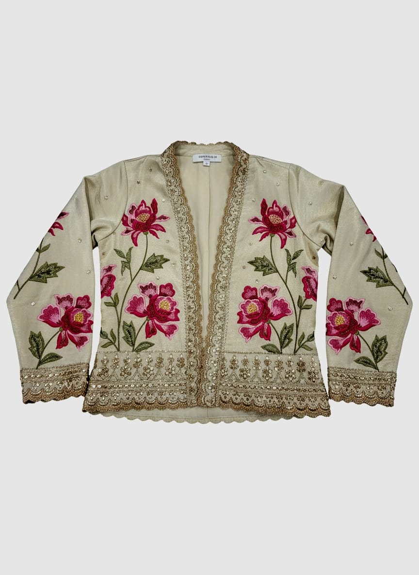 Cream Crop Top, Jacket, and Palazzo Set