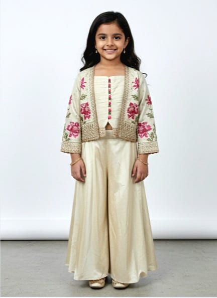 Cream Crop Top, Jacket, and Palazzo Set