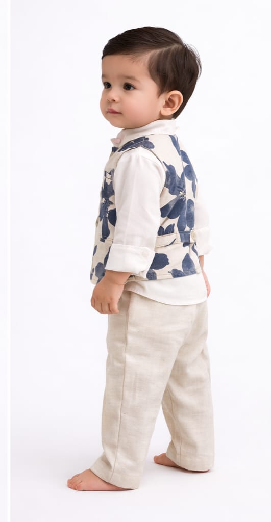 Floral Blue Nehru Jacket with white Waist coat set