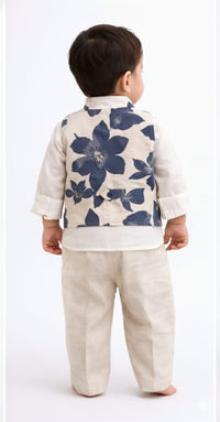 Floral Blue Nehru Jacket with white Waist coat set