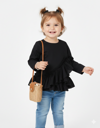 Girls' Black Asymmetrical Ruffle Top