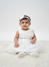 Elegant Sleeveless White Party Dress with Dramatic Floral Detail