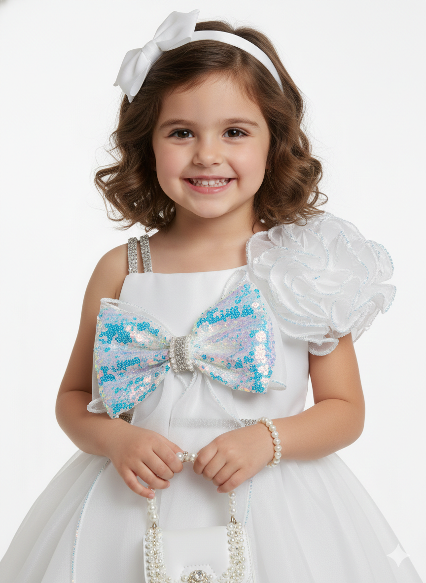 Girls’ Shimmering White Sequin Party Dress – Avant-Garde Ruffle Sleeve Frock